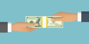 Human hand giving money to other hand. Holding banknotes. Isolated on blue background. Vector illustration