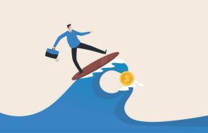 Investment challenges. Business or career challenges. Confronting the peak of the profit point."nStock market, crypto currency market. Investment risk. businessman surfing giant waves.
