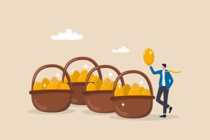 Diversification, investment portfolio strategy to reduce risk and maximize return, earning and profit, asset allocation concept, businessman holding golden eggs diversify by putting in many baskets.